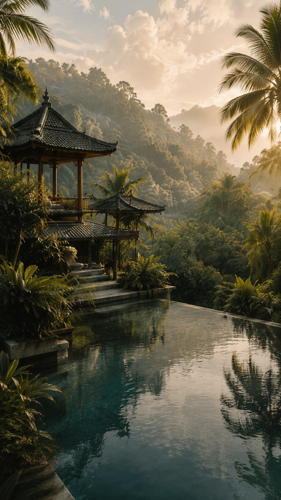 Tropical Asian wellness retreat surrounded by lush forest