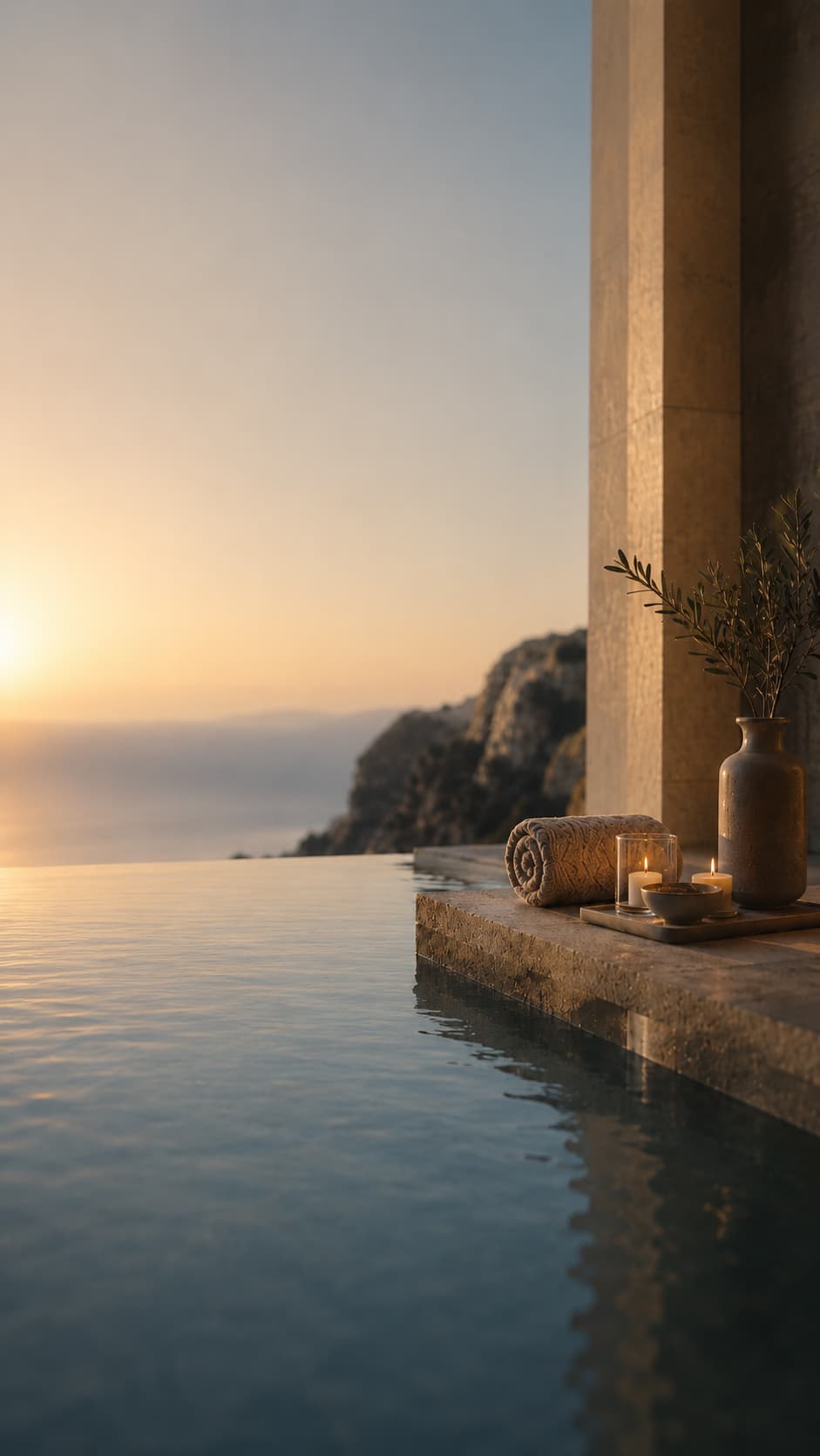 Luxury spa infinity pool overlooking the sea at sunset